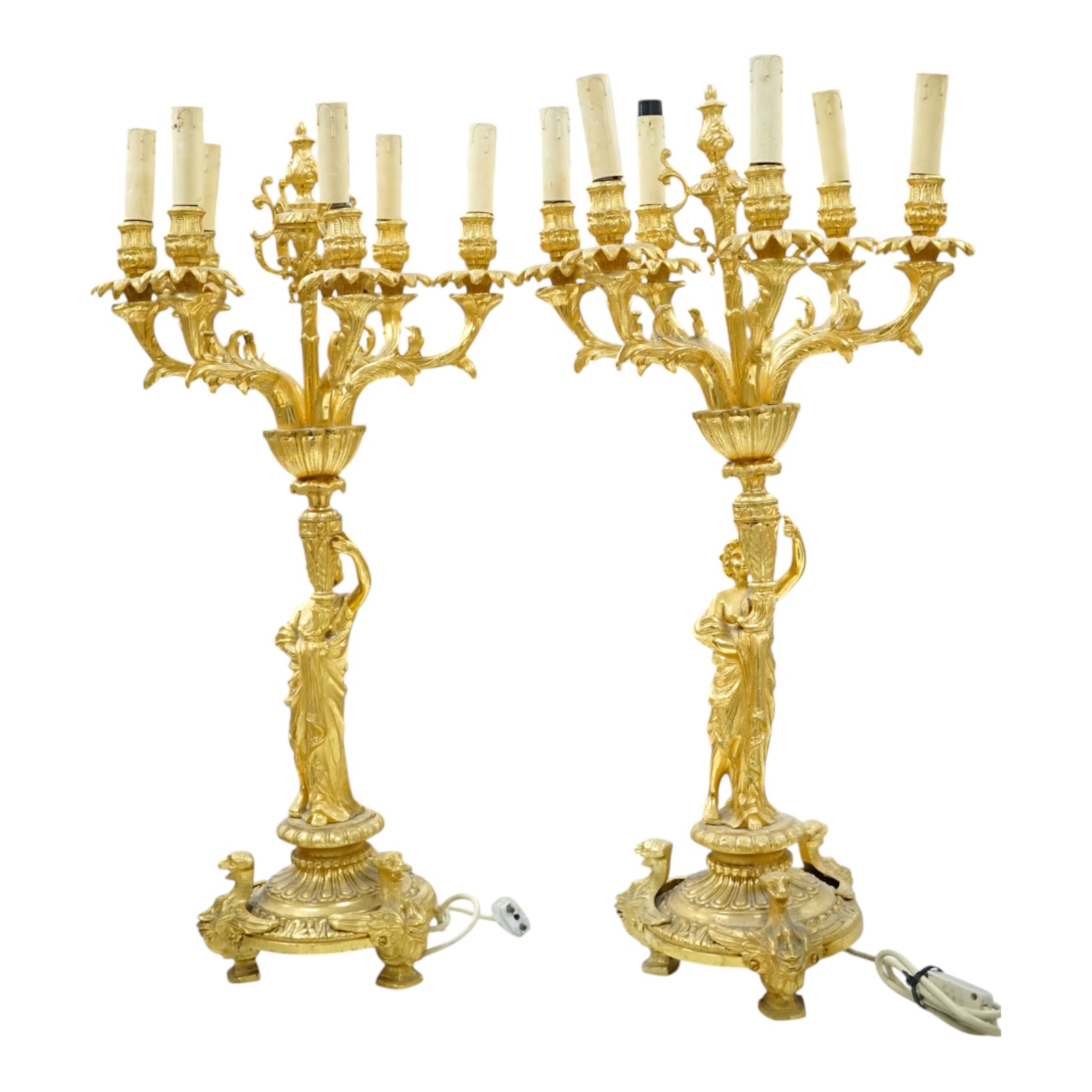 A pair of early 20th century French ormolu figural six branch table lamps, 74cm tall. Condition - good, not tested